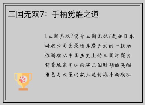 三国无双7：手柄觉醒之道